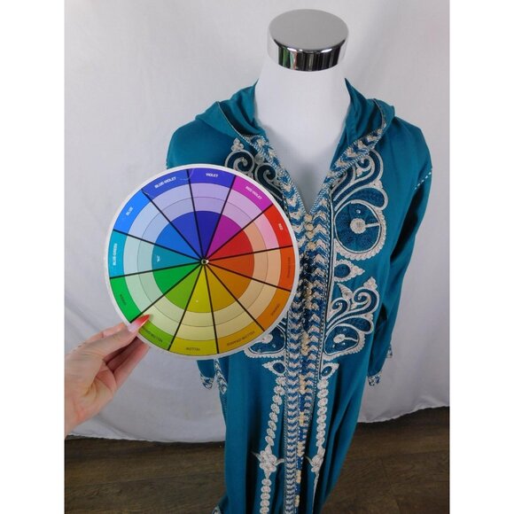 Moroccan Djellaba Robe Womens One Size Teal Hooded Embroidered Beaded Kaftan - Picture 12 of 12